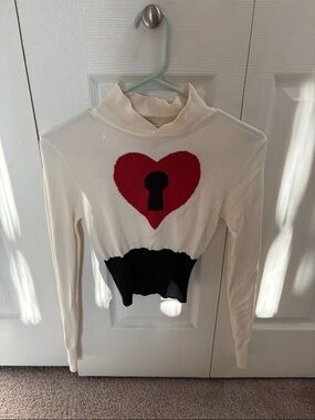 Unique Vintage Cream Knit Sweater with Red Heart and Black Keyhole never worn